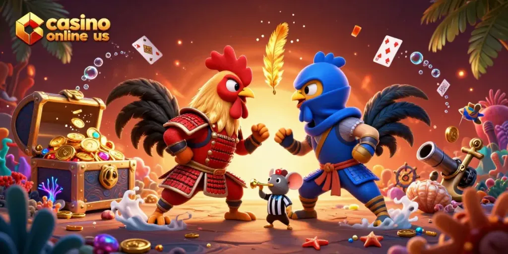 Experience exciting moments with a dynamic 'casino online us' scene featuring animated roosters and casino treasures.