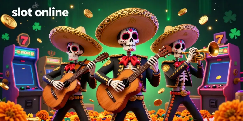 Experience vibrant 3D illustration of "slot online" with Day of the Dead musicians amidst slot symbols.
