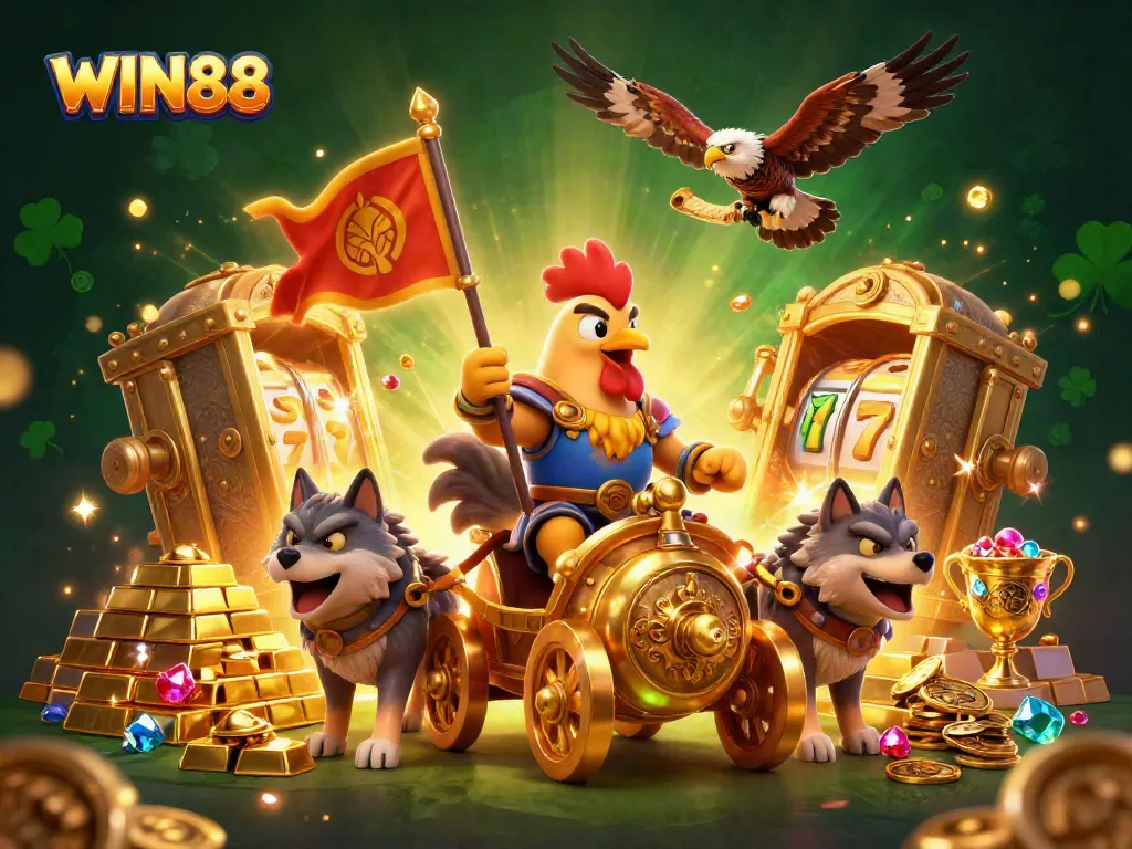 Experience epic wins with WIN88 in this vibrant online casino illustration featuring dynamic characters and sparkling treasures.