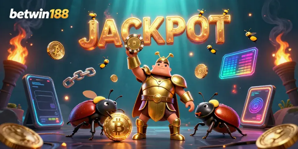 Menggandeng betwin188, karakter tokoh jengking berperisai mengangkat chip poker mewakili kemenangan, dikelilingi elemen kasino digital.