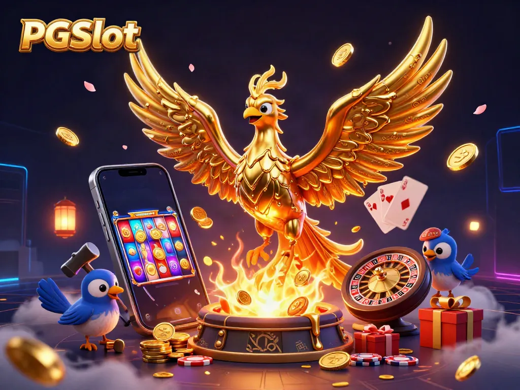 Spin to win with PGSlot in an explosive casino fantasy with golden phoenix and vivid game elements.