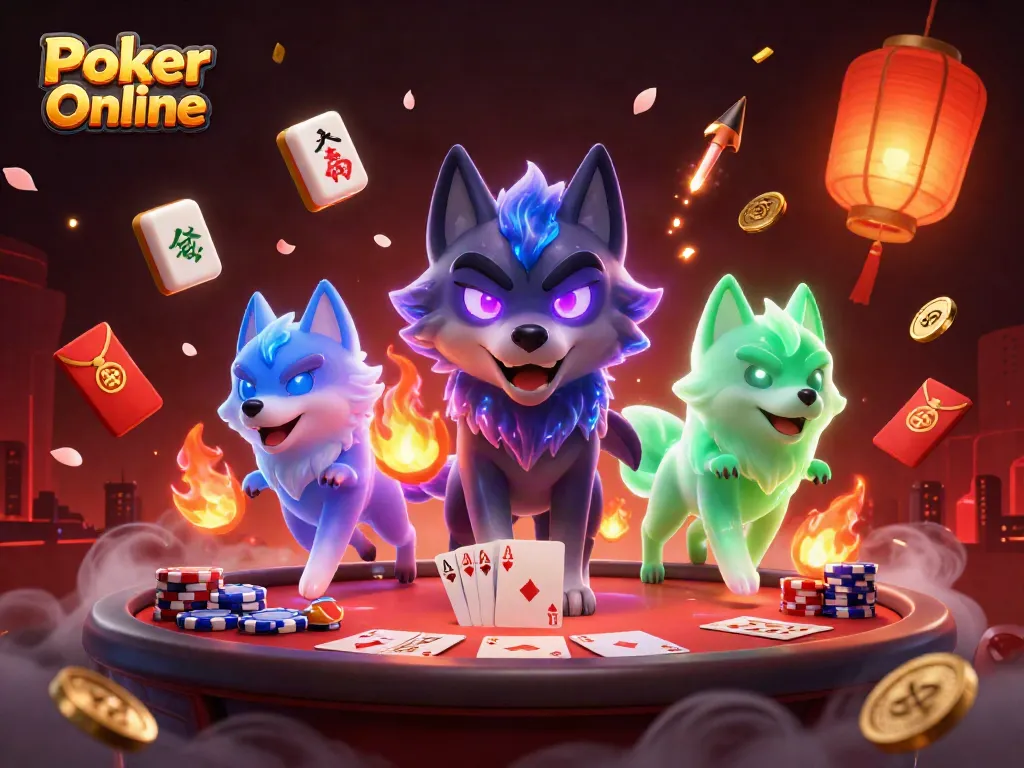 Experience Poker Online excitement with glowing wolf characters and casino elements in an engaging 3D illustration.