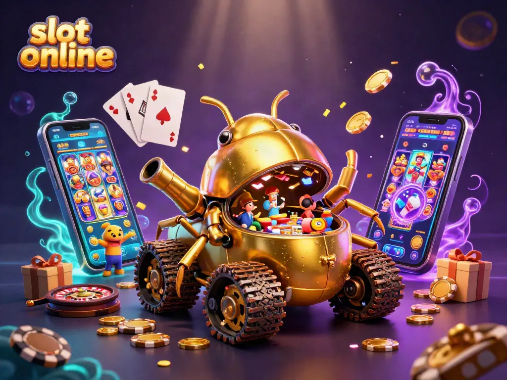Slot online menampilkan kasino mini dalam tank keledai emas yang dikelilingi permainan slot dan cip poker