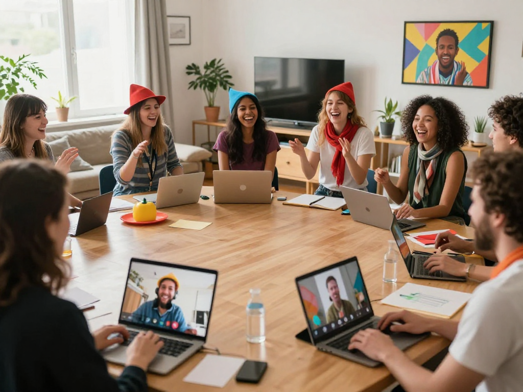 Interactive scene of beginner improv classes online with diverse participants laughing and engaging in creative exercises via video calls.