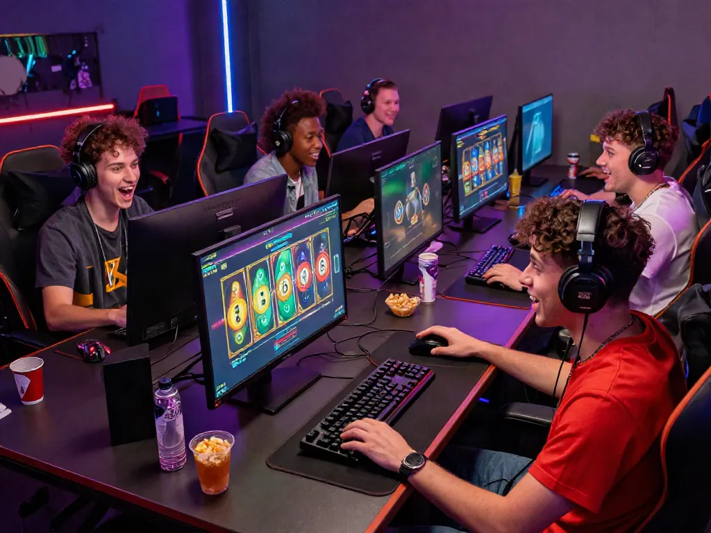 Gamers enjoying the link slot777 experience in a modern gaming lounge, surrounded by advanced gaming setups and vibrant atmosphere.