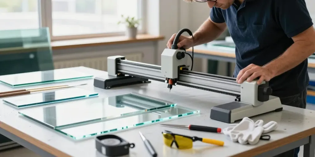 Craftsman using glass cutting machine in a well-lit workshop.