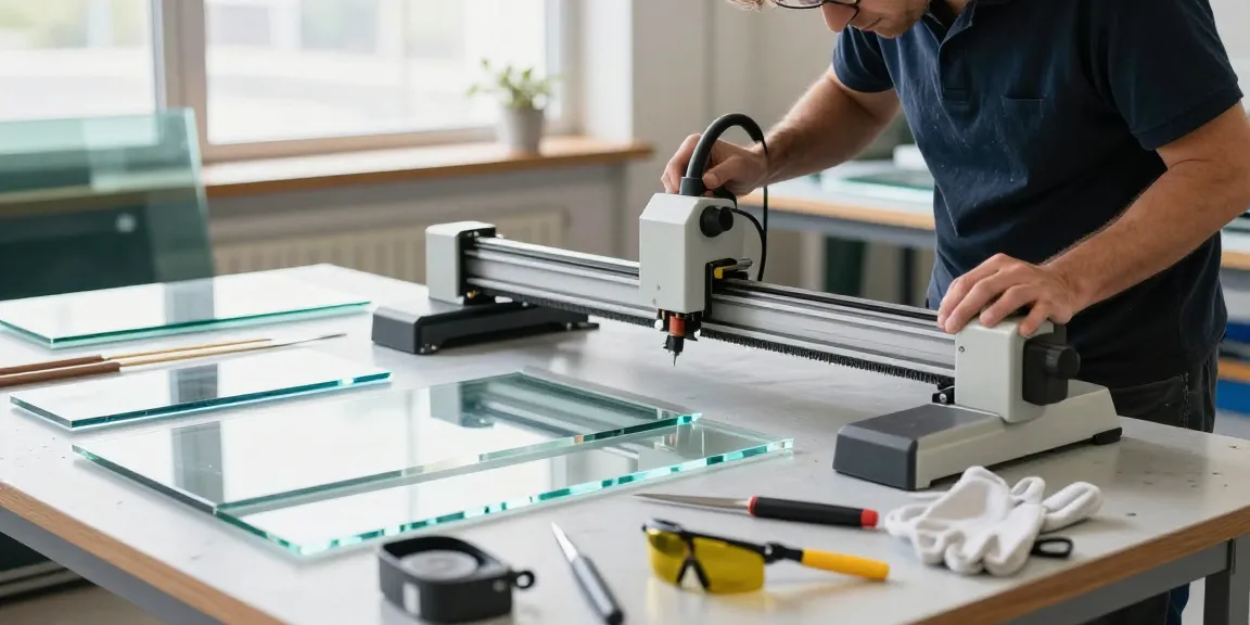 Craftsman using glass cutting machine in a well-lit workshop.