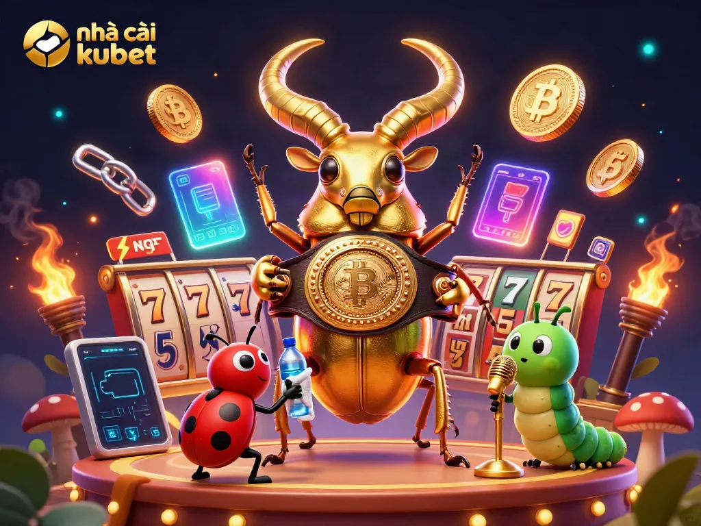 Experience the excitement of Nhà cái kubet with a vibrant scene of a boxing beetle and casino elements.
