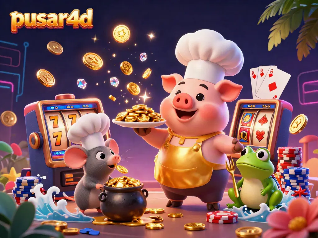 Experience the vibrant world of pusar4d with a chef pig serving gold coins, lucky sevens, and exciting slot games.