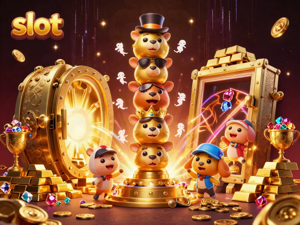Menang di slot dengan simbol keberuntungan dan elemen kasino berkilauan.
