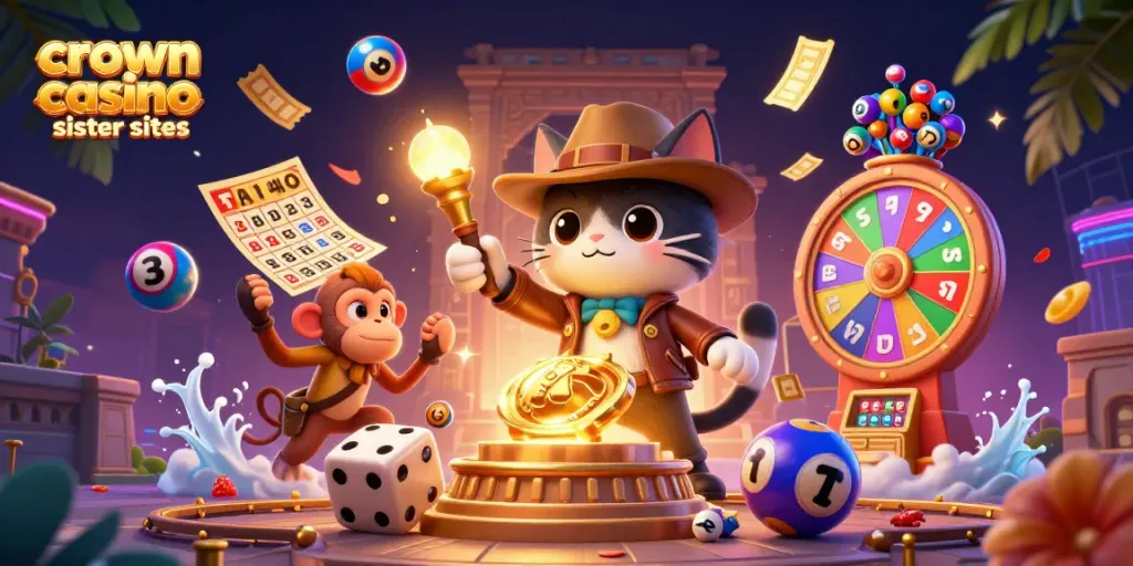 Engage with crown coins casino sister sites through colorful casino-themed illustration featuring dynamic gambling elements.