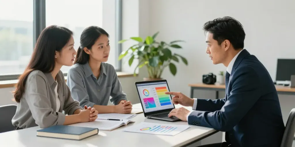 Ed Rempel guiding a young couple through financial strategies in a modern office.