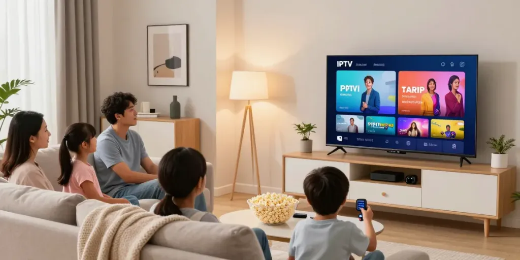 Family enjoying the best IPTV services in a cozy living room with smart TV and streaming devices.