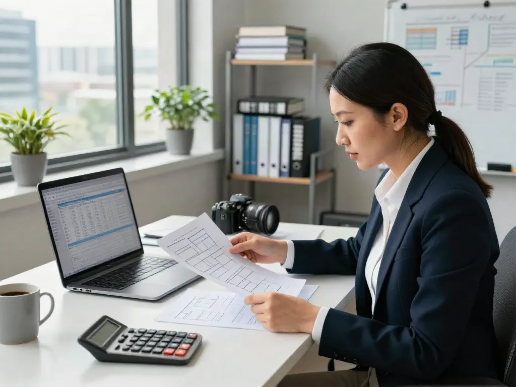Accountant Blacktown reviewing financial documents at a modern office workspace.