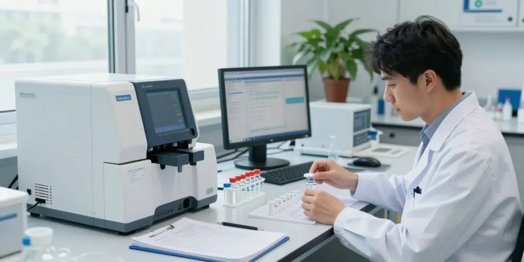 Researcher analyzing valtera peptides in a high-tech lab environment, showcasing quality and transparency.