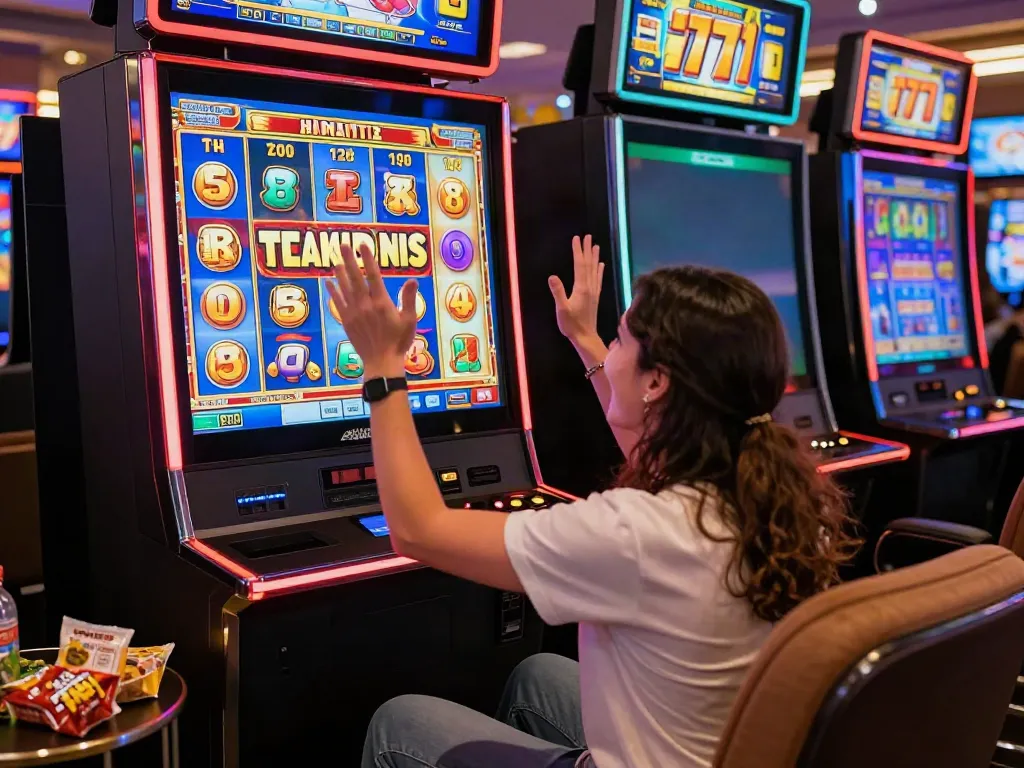 Perayaan kemenangan besar bermain slot777 dengan mesin slot penuh warna.