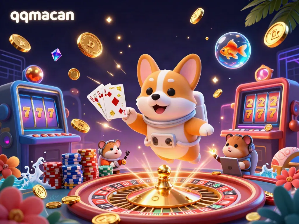Experience gaming fun with qqmacan in a space casino, featuring a floating corgi and exciting casino elements.