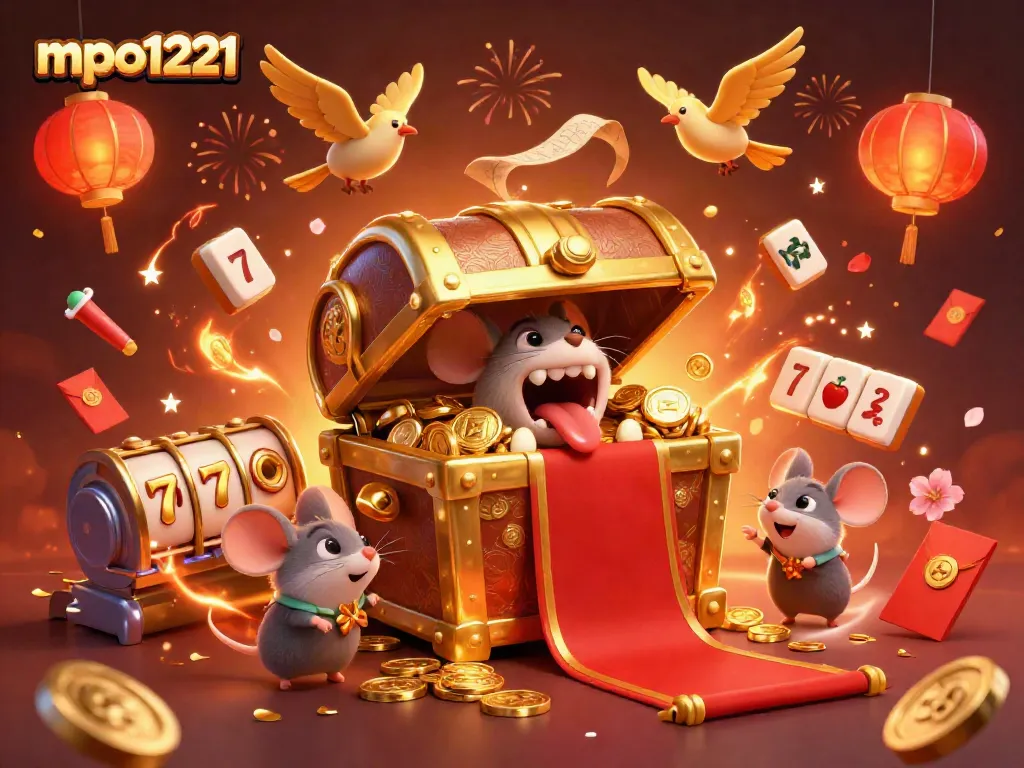Engage with mpo1221's thrilling slots adventure in this vibrant illustration featuring a golden treasure chest and dynamic game elements.