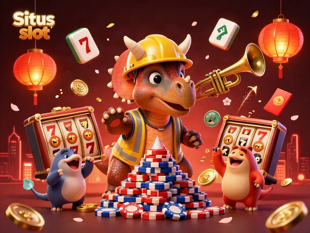 Situs slot thrills with a triceratops creating poker chip pyramids amidst joyous celebrations.