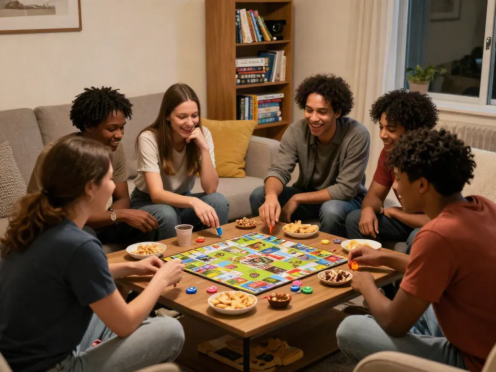 Cialis board game night with friends in a cozy living room.