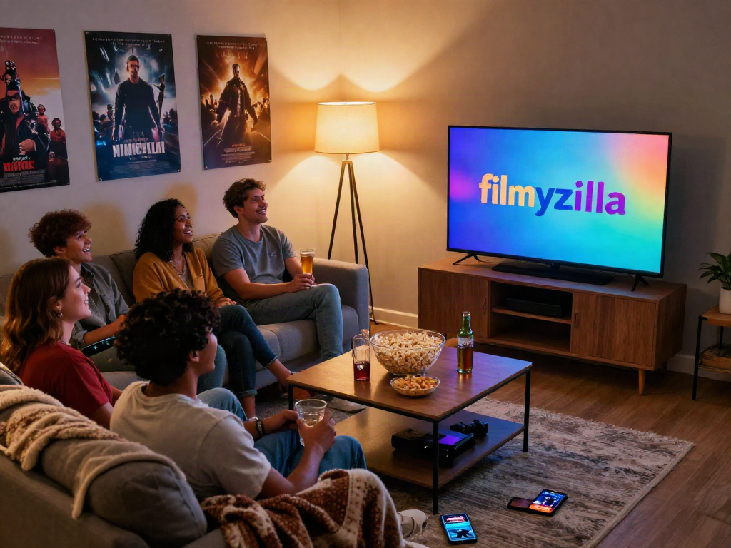 Friends enjoying a movie night with filmyzilla in a cozy living room setting.