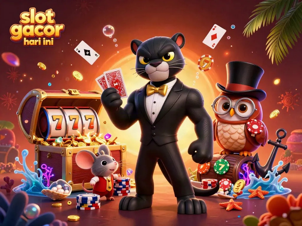 Experience thrilling slot gacor hari ini excitement with a cartoon panther, owl, and mouse in a vibrant casino scene.