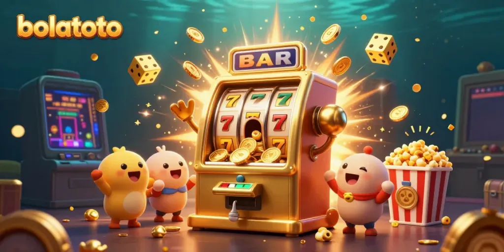 Experience excitement with bolatoto's golden slot machine hitting the jackpot amidst a rich casino-themed scene.