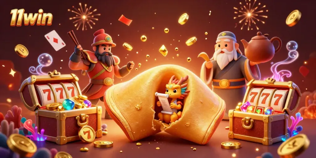 Play and win with 11win, featuring a golden fortune cookie, dragon sage, and slot elements.