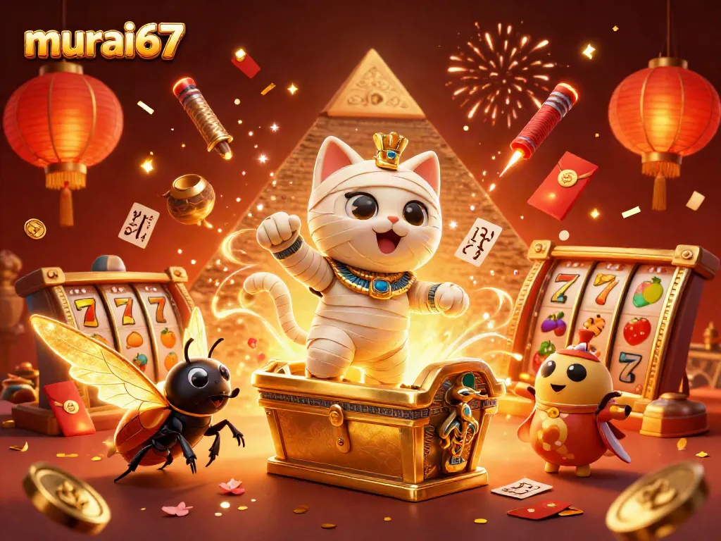 Engaging scene of murai67 featuring a mummy cat and gold elements celebrating in a vibrant casino atmosphere.