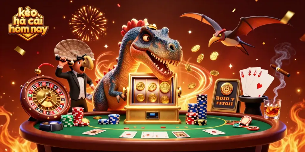 Catch flying coins with kèo nhà cái hôm nay in an energetic casino scene with colorful characters.