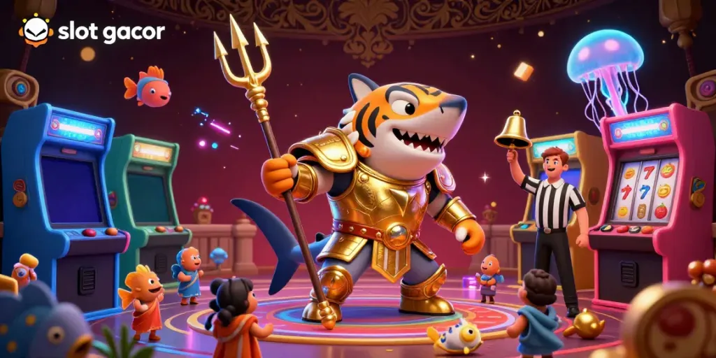 Experience slot gacor excitement with a 3D tiger shark in an underwater colosseum, playing dynamic arcade games.