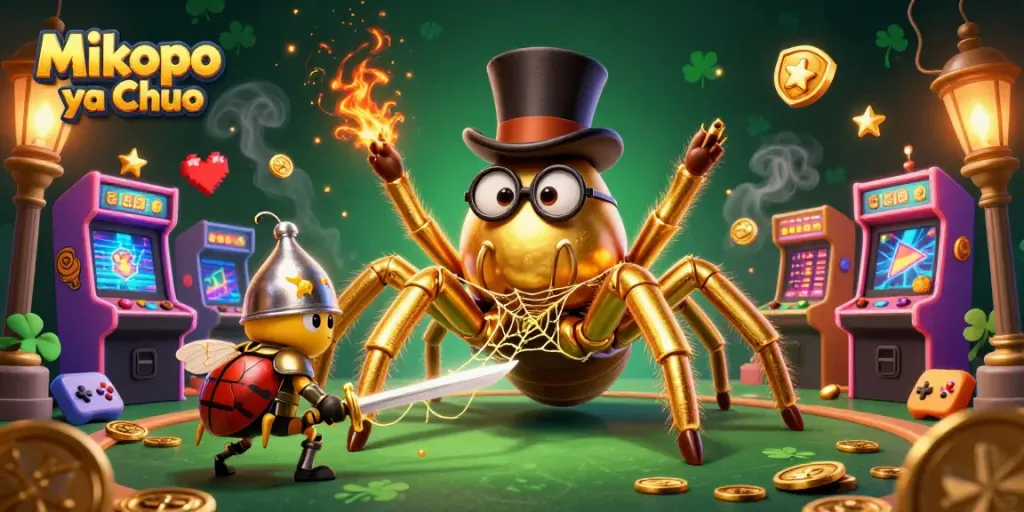 Mikopo ya Chuo celebrates the gaming vibe with a golden tarantula weaving luck in a vibrant casino atmosphere.