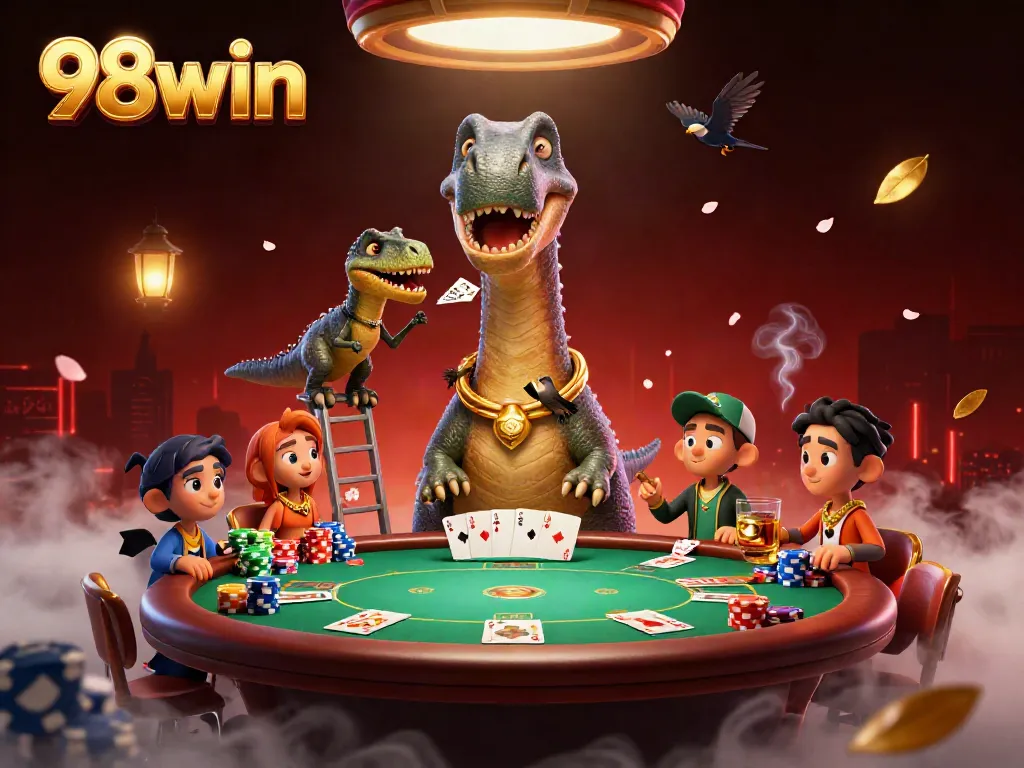 Engage with the playful scene of 98win featuring a tall brontosaurus at a lively poker table.
