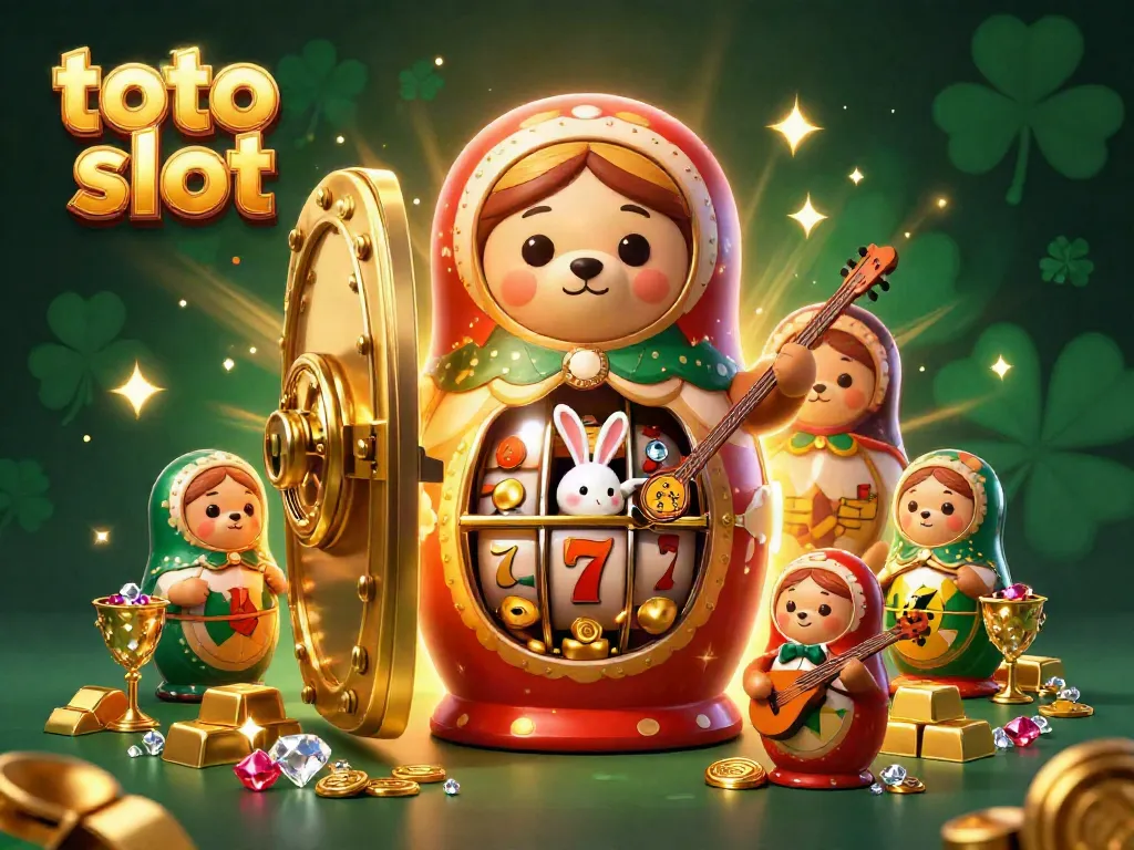 Experience the excitement with toto slot in this vibrant casino illustration filled with lucky symbols and treasure.