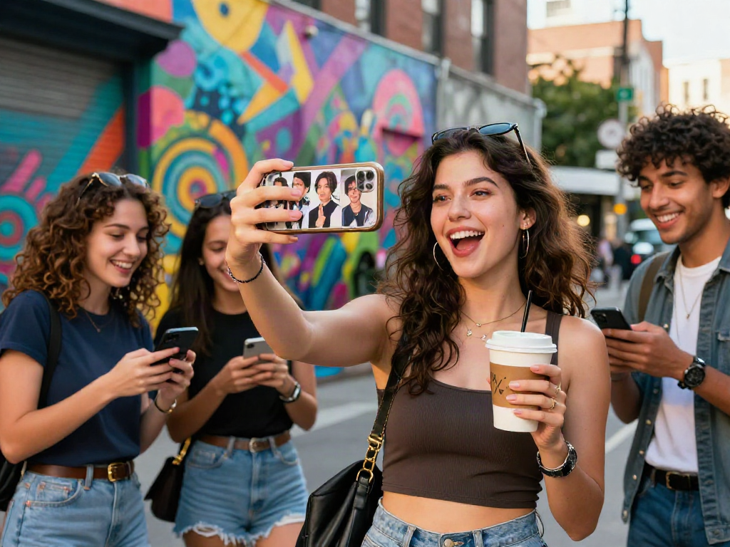 A young woman comparing her selfie to celebrity photos, highlighting the fun of finding a celebrity look alike in a vibrant urban setting.