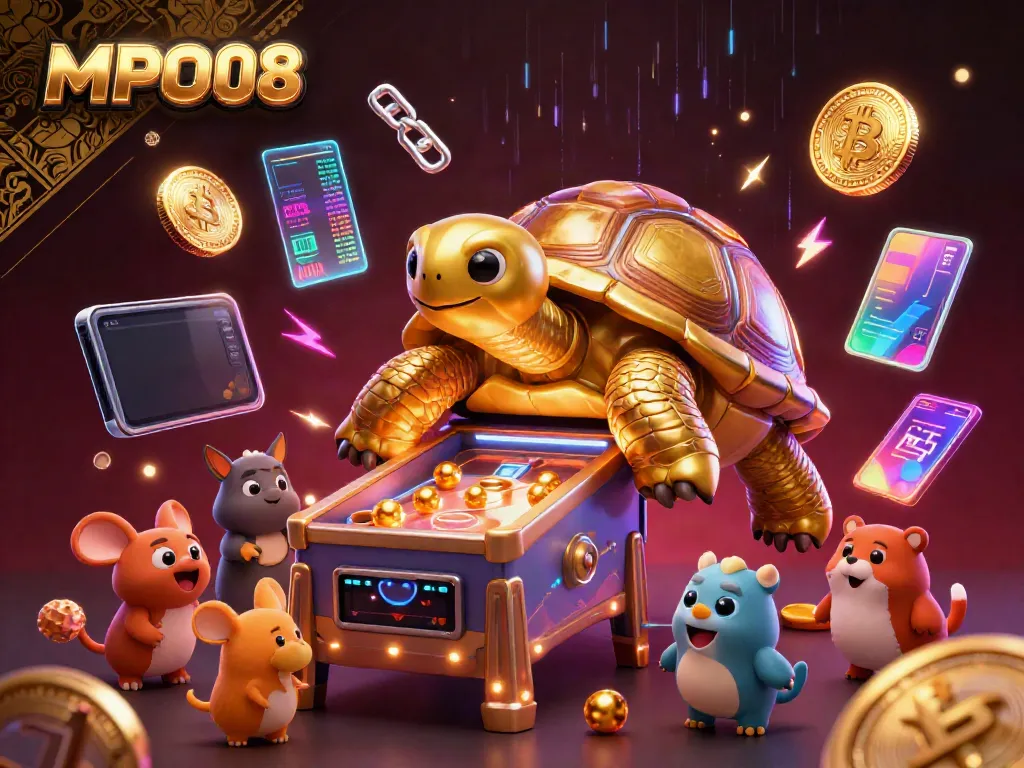 Engage in thrilling gameplay with MPO08's dynamic casino-themed illustration featuring a golden tortoise game machine.
