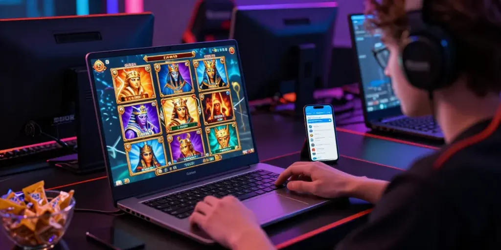Immersive slot online gaming experience with colorful graphics and engaged player.