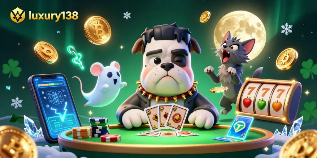 Experience luxury138 like never before at a vibrant casino table with 3D characters card dealing and crypto coins.