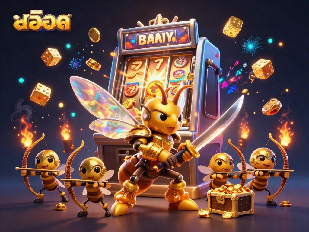 Experience the excitement with สล็อต as a golden samurai hornet leads a dynamic scene of slot games and jackpots.