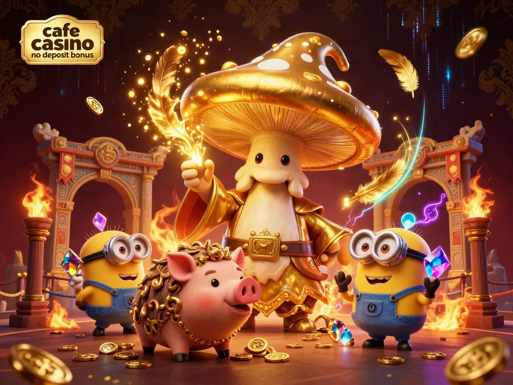 Cafe casino no deposit bonus illustrated with vibrant characters finding treasure in a packed 3D scene.