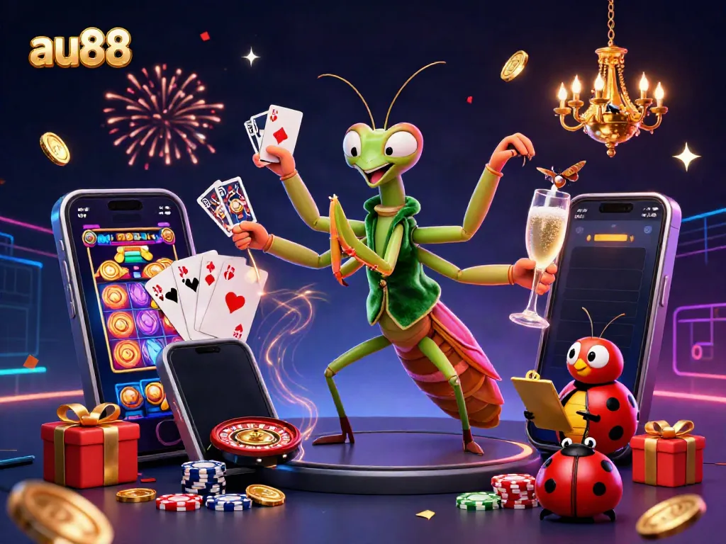 This 3D illustration showcases the vibrant casino theme of au88, featuring a giant praying mantis card sharp and a ladybug pit boss in a festive atmosphere.
