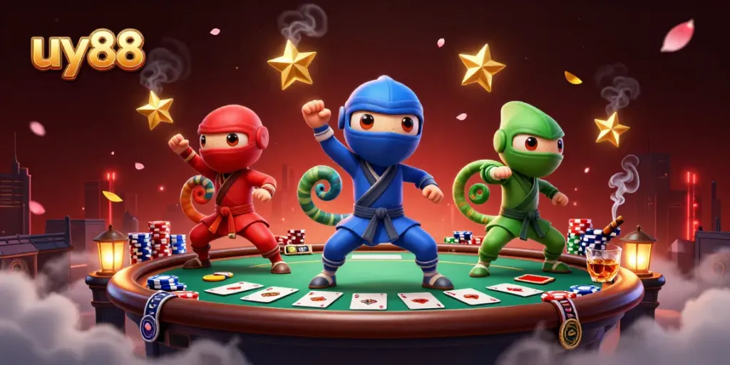 Experience thrilling poker action with uy88 featuring ninja chameleons in a vibrant, dynamic 3D scene.