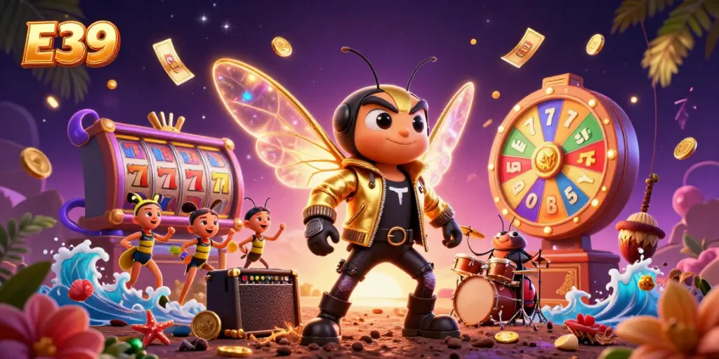 Experience the excitement of E39's casino gaming with vibrant slot reels and characters.
