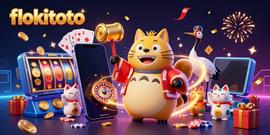 Engage with flokitoto's exciting gaming experience featuring a cheerful tanuki and vibrant casino elements.