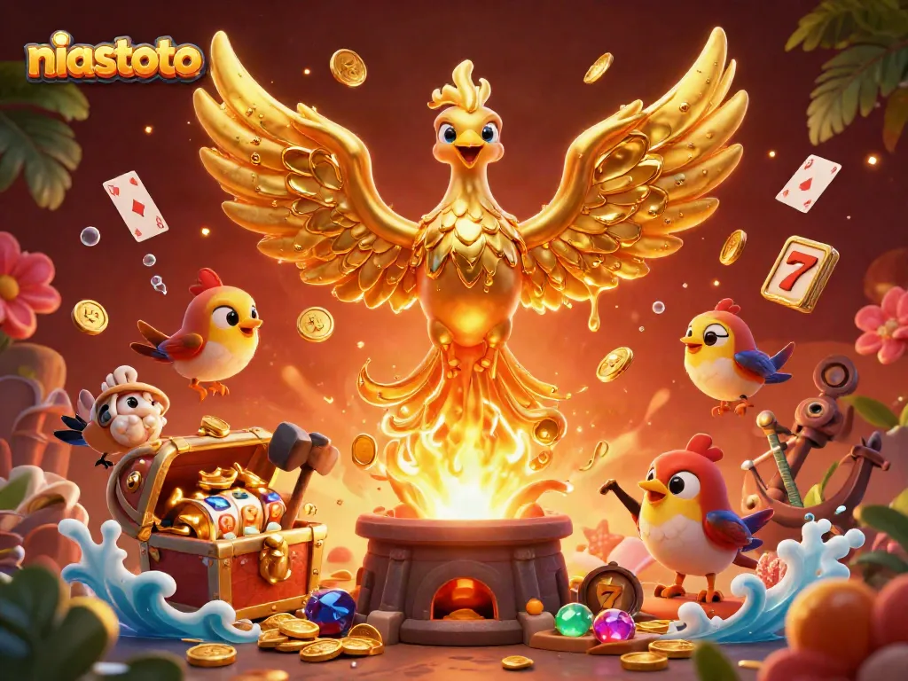 Experience niastoto's thrilling gameplay with a majestic golden phoenix in a vibrant casino world.