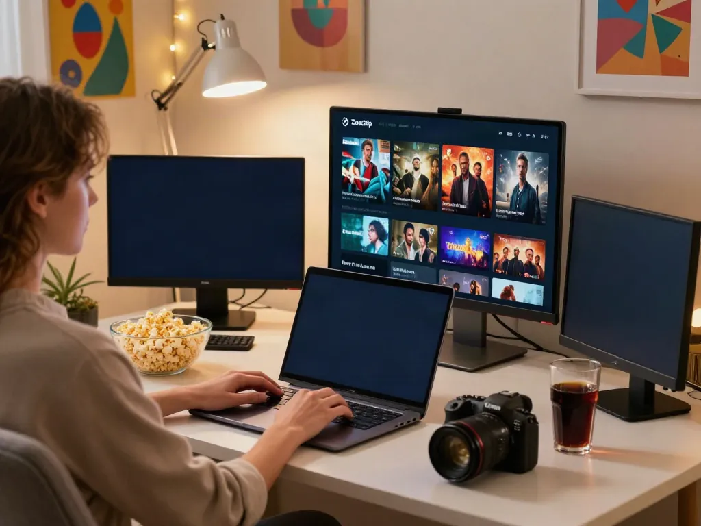 ZoeChip streaming site user enjoying movies in a cozy workspace.