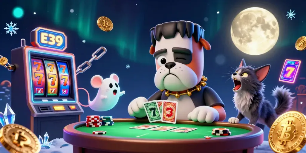 E39 casino illustration with a Frankenstein bulldog dealing cards, lively gaming atmosphere.