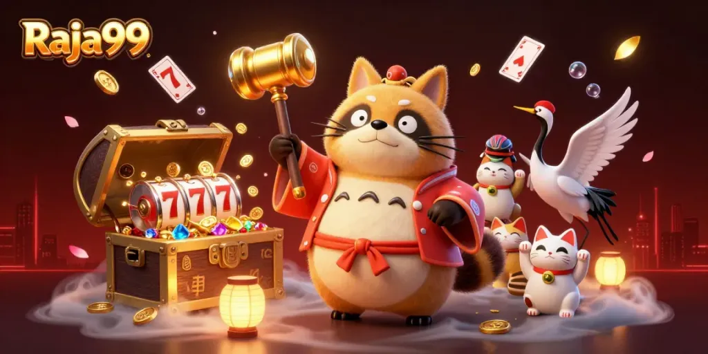 Raja99 menghadirkan tanuki ceria dan kucing keberuntungan dalam permainan slot penuh warna.
