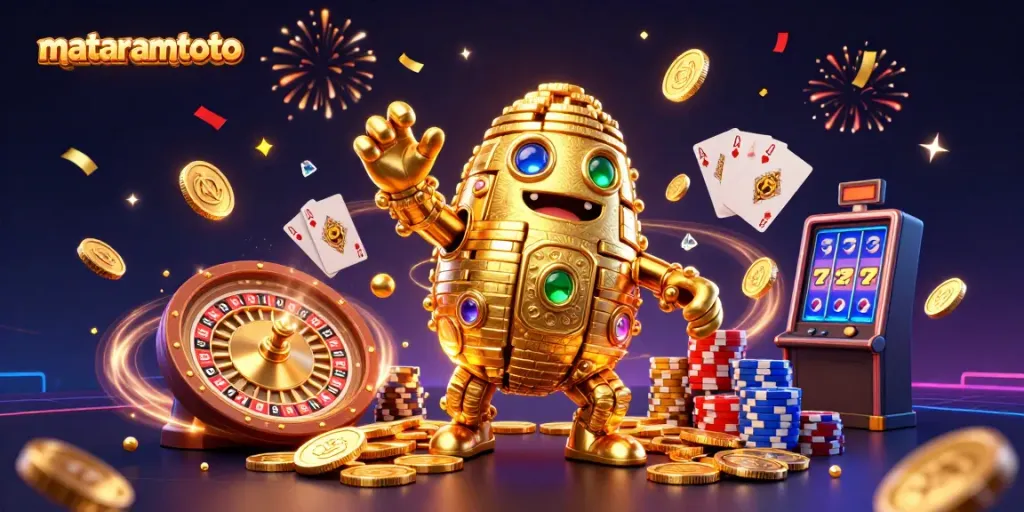 Engage with mataramtoto through a vibrant 3D illustration featuring a golden golem amidst casino elements for an exciting gaming experience.