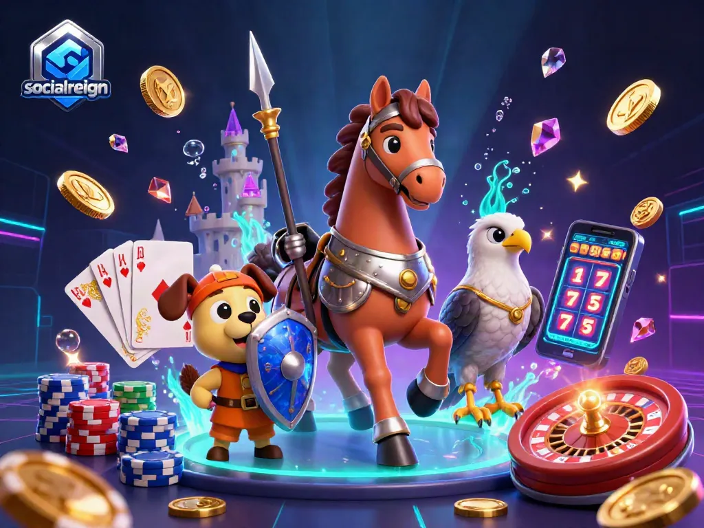 Engage with the vibrant casino adventure of socialreign, featuring a medieval knight with a jousting lance, alongside a squire puppy and golden treasures.